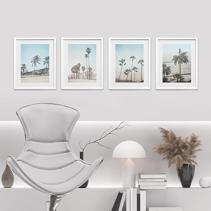 SIGNWIN Framed Washed Out Tropical Island Wall Art, Set of 4 Island Palm Tree Beach Landscapet Wall Decor Prints, Nature Wilderness Wall Décor for Living Room, Bedroom - 12"x16" White