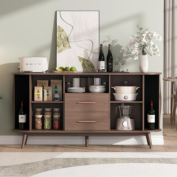 63" Storage Cabinet with Doors,Sideboard Buffet Cabinet, Accent Console Cabinet with Solid Wood Legs and Drawers,Fluted Buffet Table for Living Room, Entryway, Kitchen, Walnut