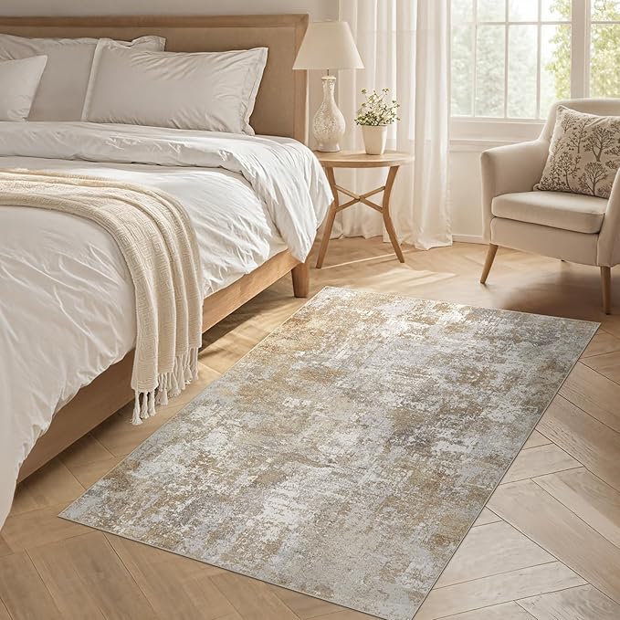 Tortania Washable 3x5 Area Rug - Modern Abstract Neutral Rugs Indoor Soft Thin Mat Non Slip Carpet for Entrance Front Door Living Room Bedroom Home Floor Decoration- Brown Grey