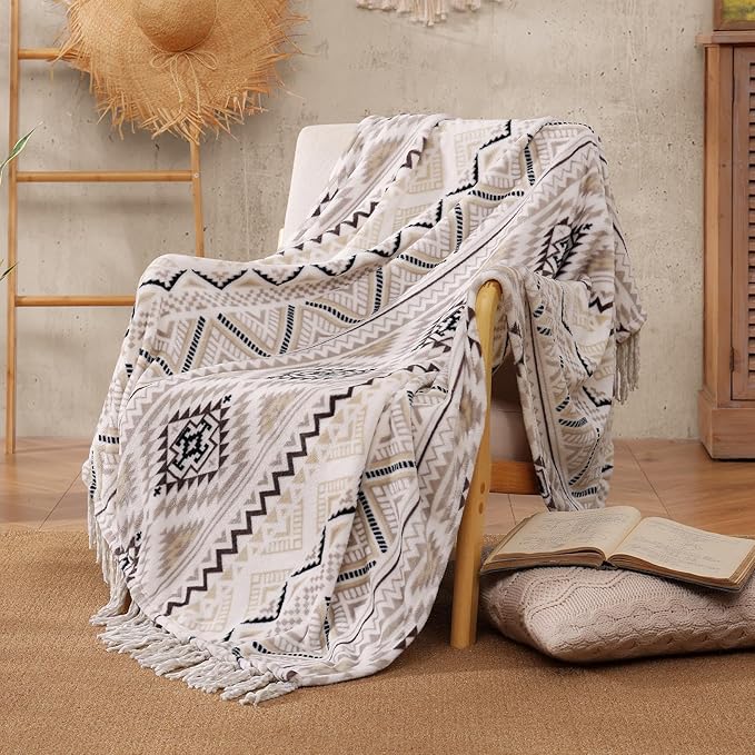 CASAAGUSTO Boho Throw Blanket - Beige and Gray Decorative Blankets with Tassel, Printed Flannel Bohemian Blanket for Chair, Bed, Sofa, Couch(60 * 80, Beige and Gray)