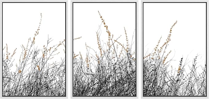 SIGNWIN 3 Piece Framed Canvas Wall Art Wild Grass Field Nature Wilderness Photography Abstract Contemporary Landscape Canvas Prints Home Artwork Decoration for Living Room,Bedroom - 24"x36"x3 White