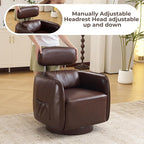 Modern 360° Leather Swivel Accent Chair with Adjustable Headrest, Chenille Accent Chair for Living Room, Vanity Chair for Makeup, Swivel Barrel Chair with Lumbar Pillow, Comfy Barrel Armchair, Brown