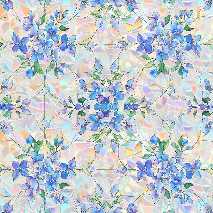 Window Privacy Film Stained Glass Decorative Window Tint for Home Room Decor Static Cling Rainbow Window Film Blackout Bathroom Bedroom Car Renter Friendly (Blue&Purple Hydrangea Flower)