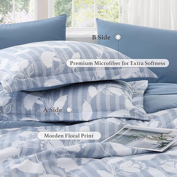 Full Comforter Set -7 Pieces Blue Floral Comforter Set for All Seasons, Bed in a Bag Full with Botanical Flowers Comforter, Sheets, Pillowcases & Shams