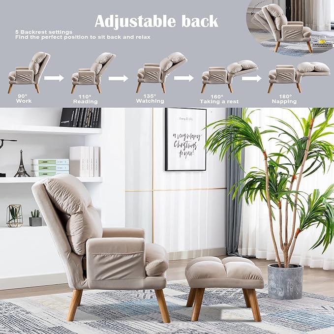 CANMOV Modern Accent Chair with Ottoman, Soft Fabric Armchair with Adjustable Backrest and Side Pockets, Comfy Lounge Chair for Living Room, Bedroom, Apartment, Office, Beige