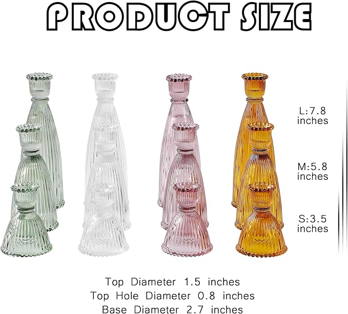 Vertical Stripe Candlestick Holders Set of 3, Premium Glass Candle Holders for Candlesticks and Taper Candles, Vintage Candle Holder Decor for Table Centerpiece, Clear