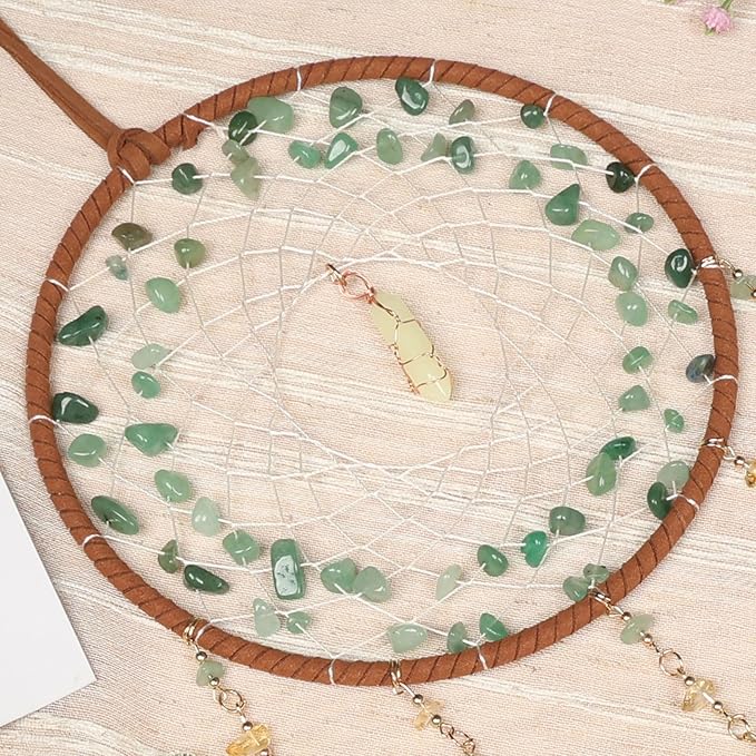 Green Aventurine Gemstone Agate Large Dream Catcher Chakra Dream Catcher with Crystals Handmade Dreamcatcher Wall Decor for Adults Boys Girls Bedroom Garden Bless Gift