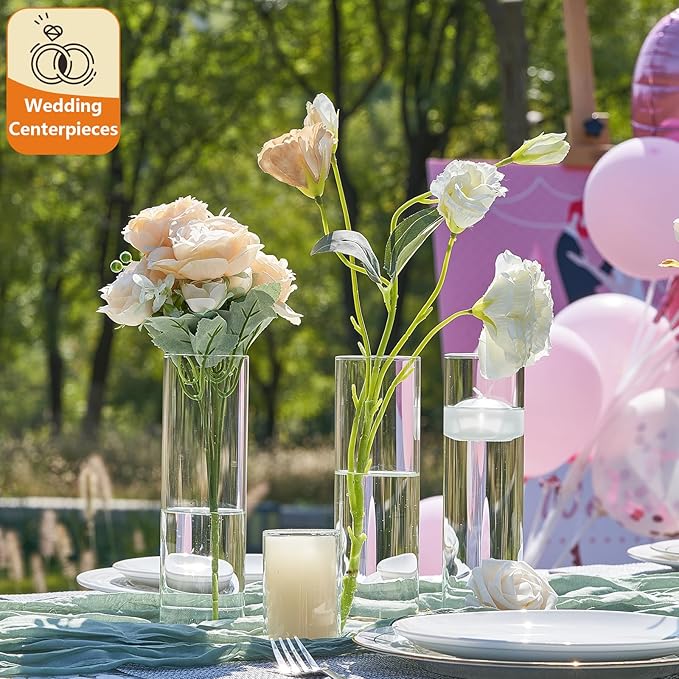 16Pcs Glass Cylinder Bud Vases for Centerpieces,7.7 In Tall Clear Flower Vases in Bulk,Glass Small Vases Floating Candle Holder for Party,Home Decor,Wedding Decoration,Birthday,Anniversary,Baby Shower