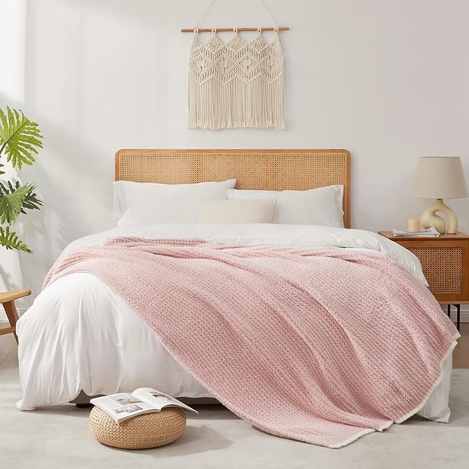 Snuggle Sac Pink Waffle Throw Blanket for Couch Bed Sofa 60x80 inches, Reversible Pink Blanket Microfiber Fluffy Fuzzy Cozy Knit Twin Blanket for Women Mothers Birthday Gifts