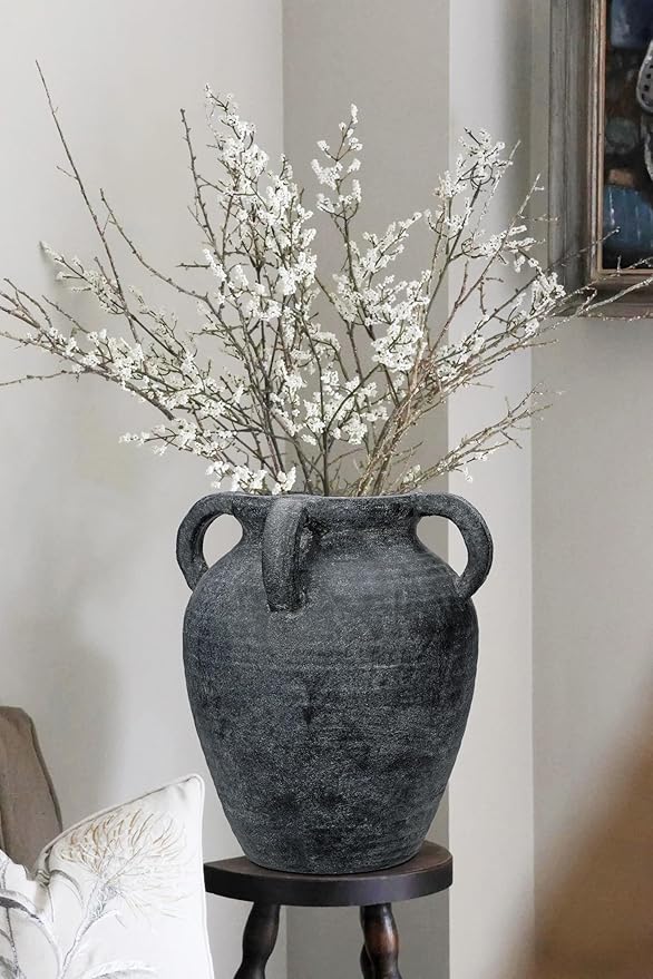 Handmade Flower Vase, 12" Tall Terracotta Vase, Vintage Black Ceramic vase, Rustic Antique Decor with 3 Handles, Wide Mouth, Matte Finish for Home Office Resto Café Décor
