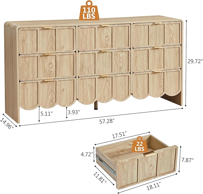 9 Drawer Dresser for Bedroom, Modern Closet Chest of Drawers with Wave Fluted Drawer, Wood Storage Small Dresser Organizer for Nursery Bedroom Living Room Hallway Closet (Natural)