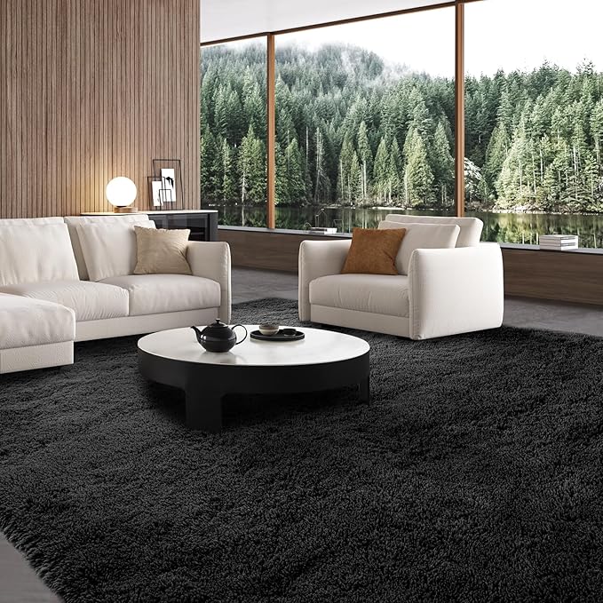 CAIYUECS Area Rug 7x10: Black Modern Indoor Soft Shaggy Fuzzy Floor Carpet for Living Room