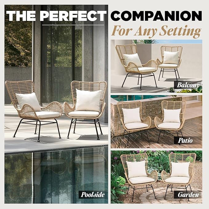 IDZO Isabelle Upgraded 2000 Hours UV Wicker Chairs Outdoor Set of 2, 500 lbs Capacity Outdoor Patio Chair, All-Weather Club Chair with Water-Resistant Olefin Cushions, Boho Style, Beige