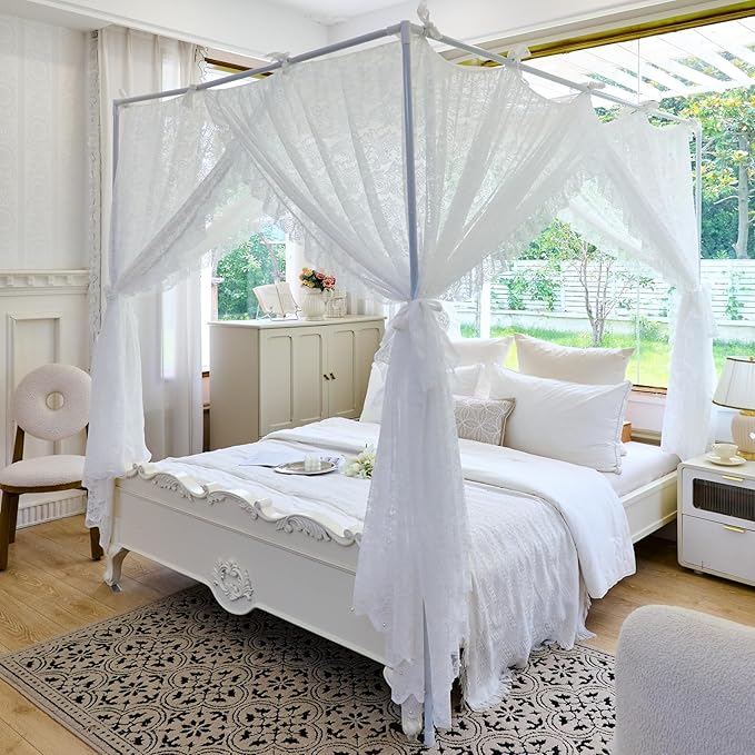 AIKASY Elegant Lace Princess 4-Poster Bed Canopy Mosquito Net - Romantic Wedding Bridal Bedroom Decor, Kids Room Bed Curtain for Women Adults - (White-3,Full)