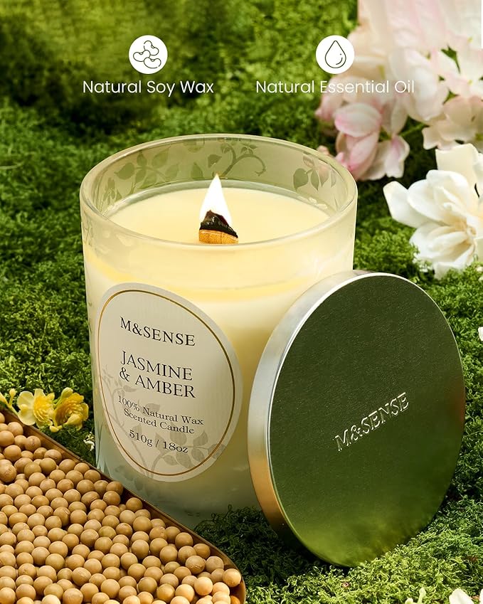 M&SENSE Jasmine Amber Candle, Cracking Wooden Wick Soy Wax, 18oz 100 Hours Long Lasting Clean Burn, Large Jar Candles for Home Scented, Non-Toxic Relaxing Aromatherapy Gifts for Women