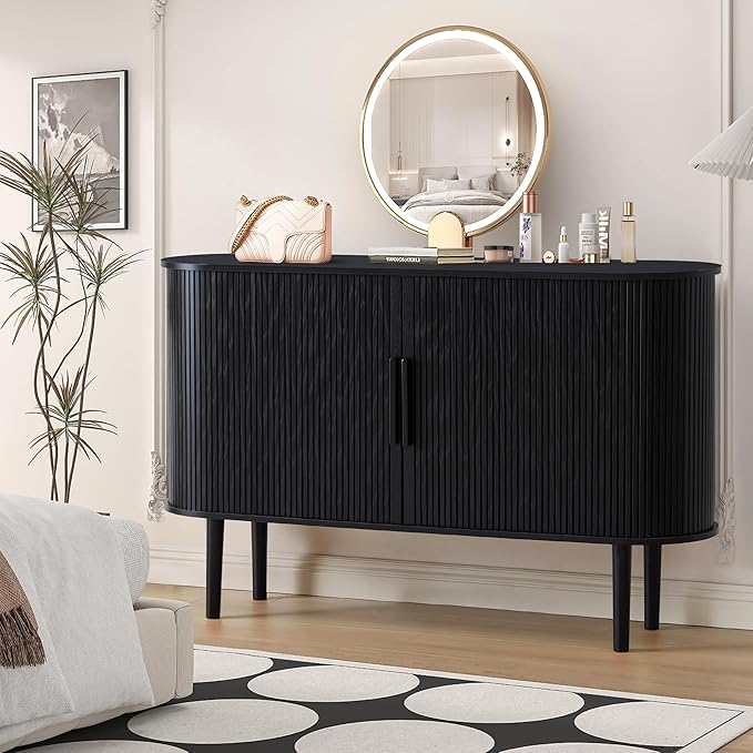 53''Sideboard Buffer Cabinet with Fluted Slide Doors, Modern Credenza Storage Cabinet, Tambour Bar Console Table for Living Dining Room Kitchen Hallway Entryway, Black