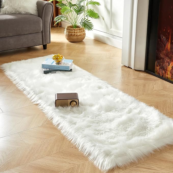 AMTOVO Faux Fur Rug, White Ultra Soft Fluffy Shag Sheepskin Rug, 2 x 6 ft Runner Area Rugs for Bedroom Sofa Throw Cushion Room Decor, Rectangle