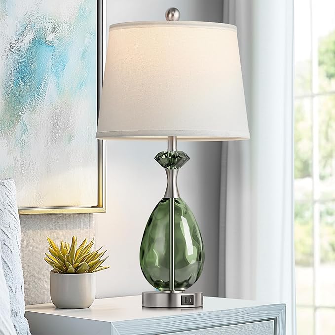 Coastal Glass Table Lamps Set of 2, 3-Way Dimmable Touch Control Nautical Lamp with USB A+C Ports,Bedside Lamp Beach Decor,Nightstand Lamp with White Shade for Living Room Bedroom(LED Bulbs Included)