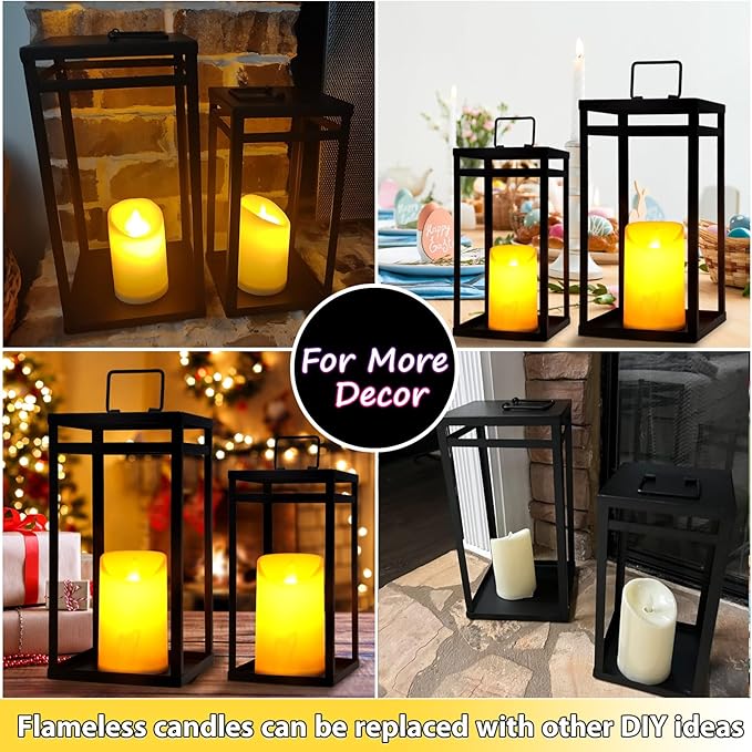 Modern Farmhouse Lantern Decor, 2Pcs Metal Candle Lanterns with Flameless Candles Black Decorative Lantern for Front Porch Covered Patio Dining Table Entryway Table Wedding Home Decor