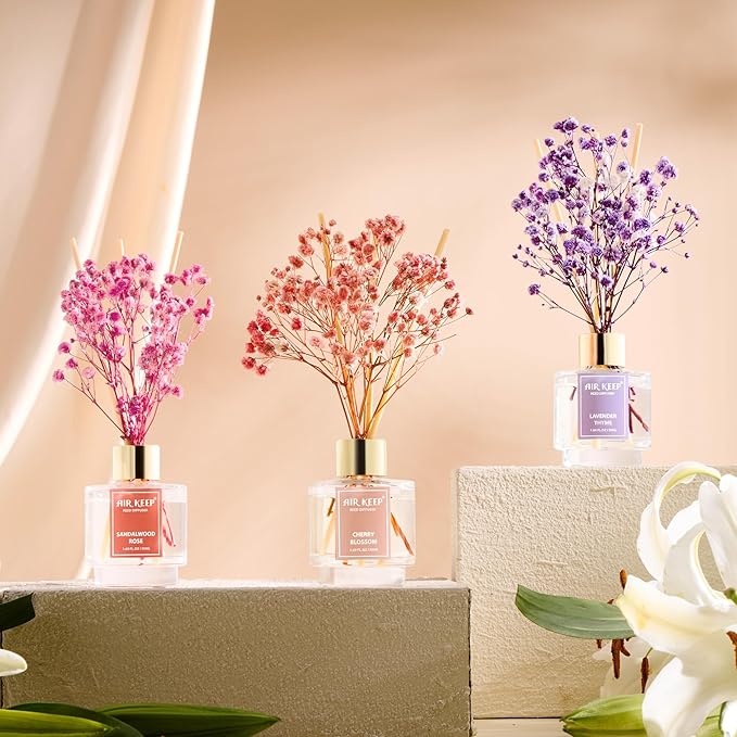 Airkeep Reed Diffuser Set of 3, Lavender Thyme Sandalwood Rose Cherry Blossom Oil Reed Diffusers for Bedroom Living Room Office Aromatherapy Oil Reed Diffuser for Gift 50ml x 3