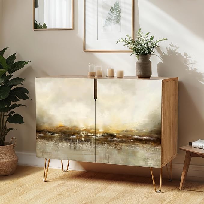 SIGNWIN Sideboard Buffet Cabinet, Kitchen Storage Cabinet with 2 Doors, Brown & Gray Grunge Paint, Cupboard Console Table for Dining Room - 35" L x 18" W x 29" H