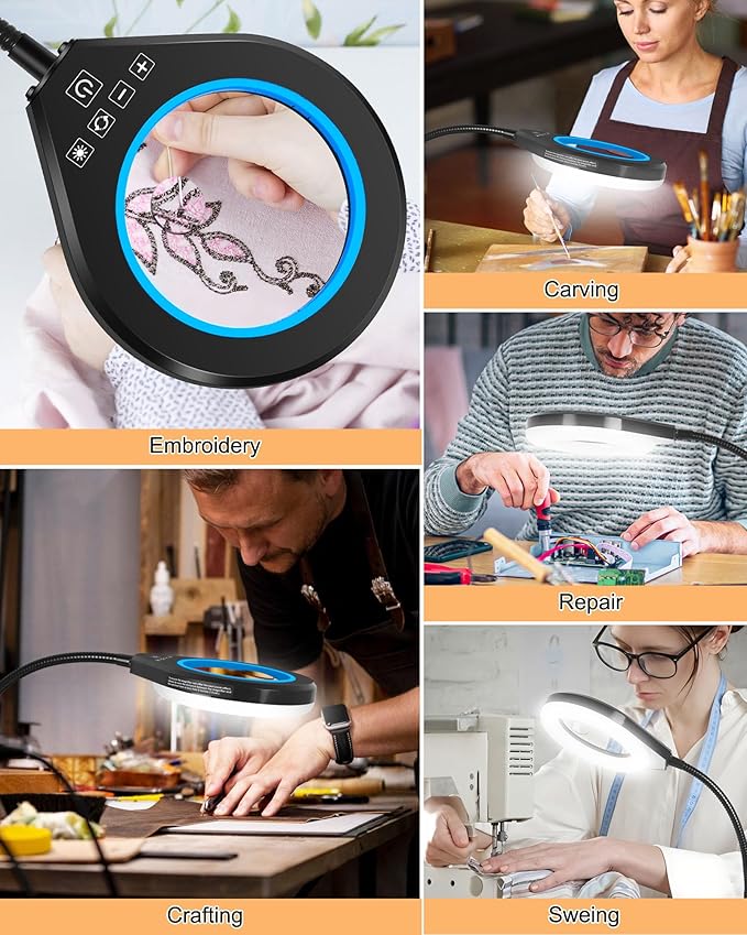 Flexible Gooseneck 2-in-1 Magnifying Glass with Light and Stand,10x & 5x Real Glass Lens Magnifying Lamp, 5 Color Stepless Hands-Free LED Desk Lamp with Clamp for Painting, Crafts, Reading (Blue)