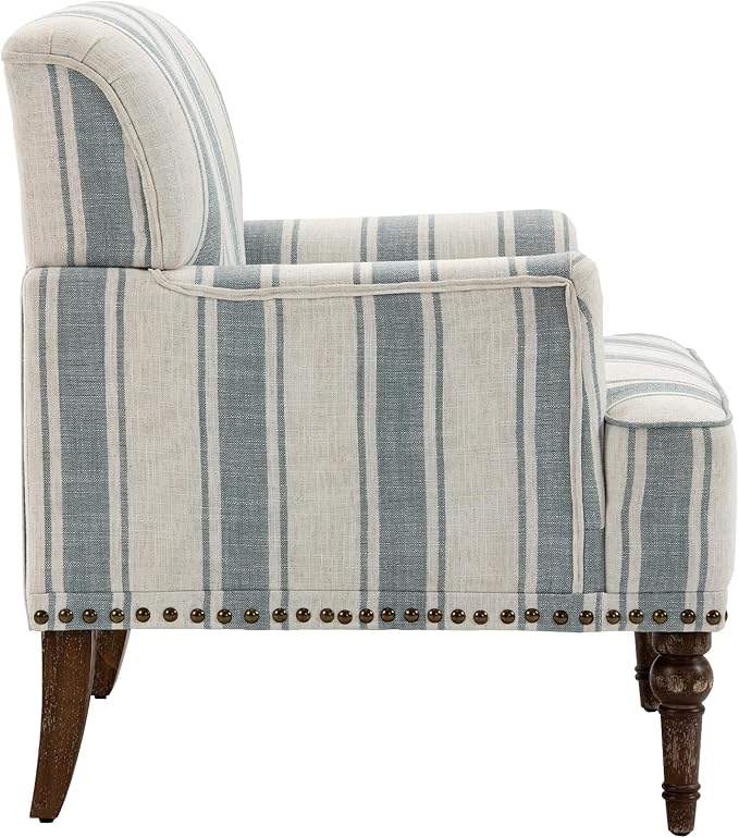 UIXE Stripe Accent Chair, Living Room Arm Chairs Modern Nailhead Trim Club Armchair with Wood Legs, Comfy Upholstered Sofa Lounge Seat Reading Seat Bedroom Side Seating for Home Office, Blue