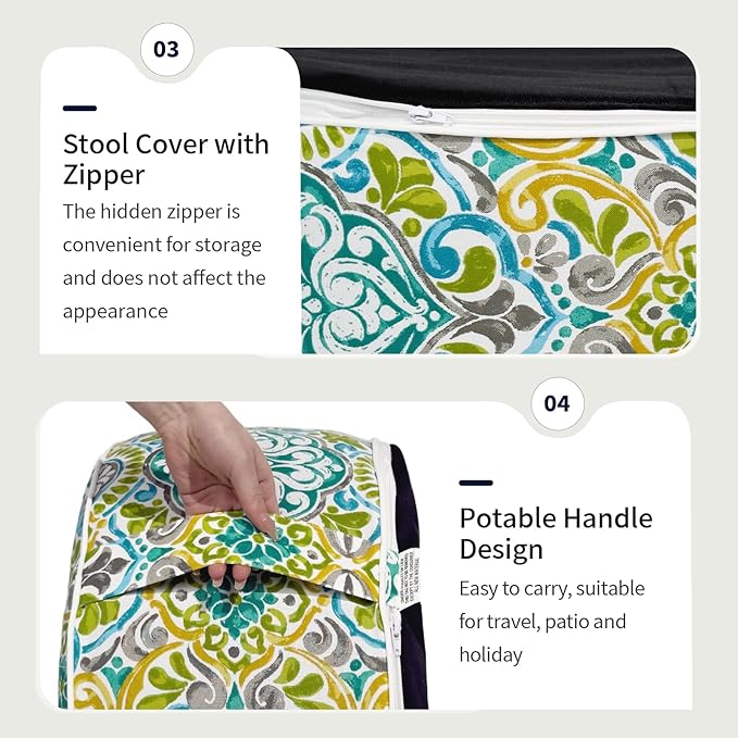 Inflatable Ottoman Stool D31 xH14 for Outdoor/Indoor Use, Water Repellent Patio Foot Rest Stool with Portable Handle,Round Pouf Ottoman Suitable for Garden,Deck and Camping - Damask Green