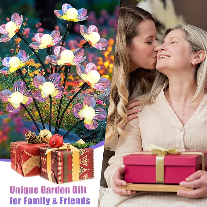 Solar Garden Lights Outdoor, New Upgraded 4-Pack Firefly Solar Lights with Iridescent Petals & Warm White Glow - Waterproof Wind-Swaying Decor for Yard, Patio