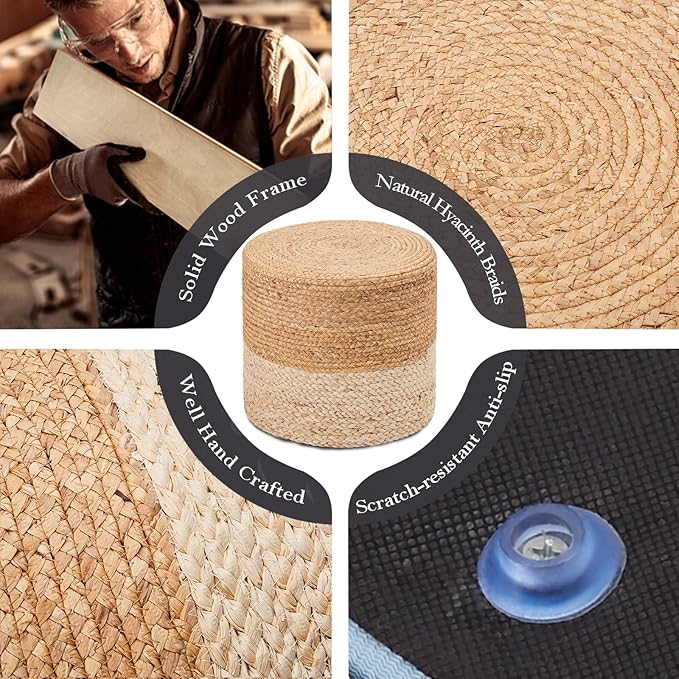 Wimarsbon Ottoman Pouf, Natural Braided Jute Poof, 18'' Outdoor Ottoman for Garden, Rustic Handweave Lounge Pouffe, Boho Footrest Stool for Bedroom, Accent Table or Seat for Patio, Living Room
