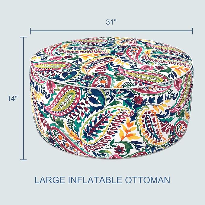 LVTXIII Indoor/Outdoor Inflatable Ottoman, D31 x H14 Inch Large Round Ottoman, All Weather Foot Rest Stool, Portable Footrest for Patio, Garden, Camping and Home - Vigour Paisley