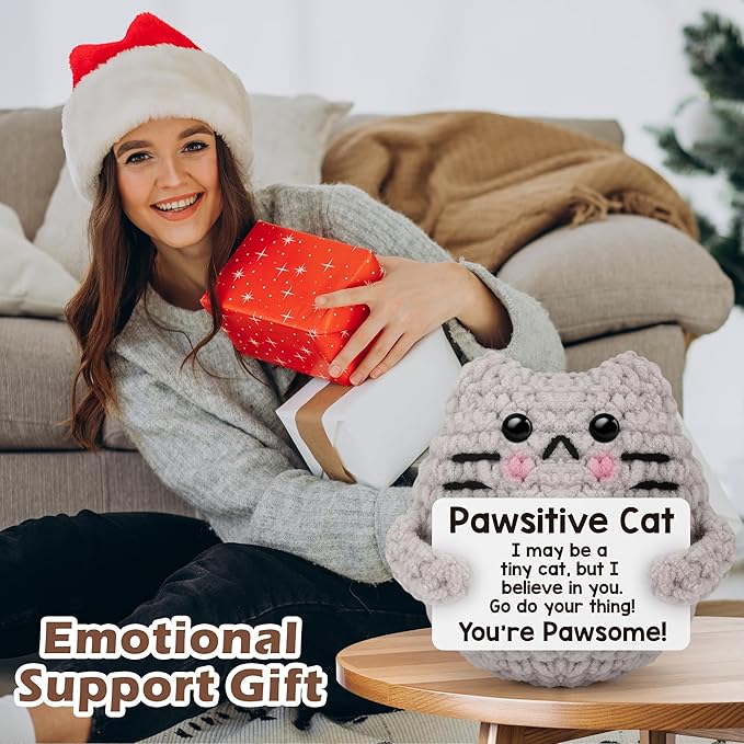 Positive Crochet Cat Christmas Birthday Gifts for Women Men Daughter Son Uncle Aunt Back to School Friend Coworker Desk Home Fall Decor Emotional Inspirational Support Crochet Animals Gift Idea