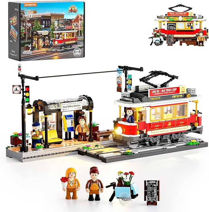 Heritage Tram and Station Lighting Building-Bricks Set - 1274 Pcs City Streetcar Modular Collection Old Town Downtown Display Model for Adults & Teens & Tram Enthusiasts
