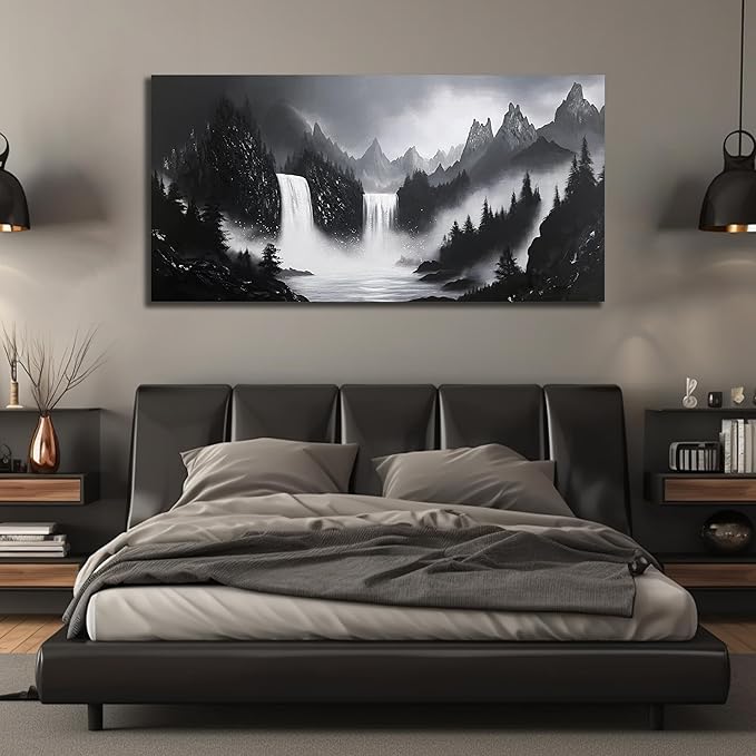 Mountain Hand Painting Wall Decor For Living Room - Extra Large Waterfall Pictures Wall Art For Office - Landscape Canvas Wall Art For Bedroom Size 36 x 72 Inch