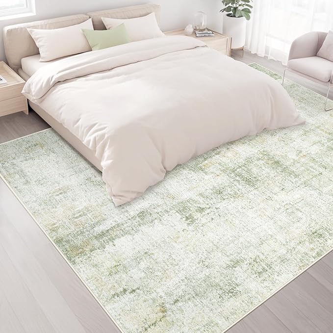 Area Rugs 9x12 Living Room: Washable Rug Modern Abstract Large Rugs Soft Non Slip Neutral Rug Stain Resistant Indoor Carpet for Bedroom Kitchen Dining Room Home Office Rugs(Green Brown,9'x12')