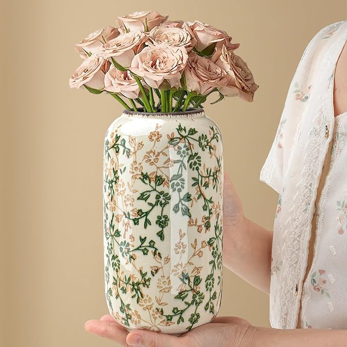 Rustic Vases for Decor, Farmhouse Ceramic Vase for Flowers, Vintage Decorative Vase for Home Decor, Dining Table, Living Room, Shelf, Kitchen, Bedroom (Green and Beige)