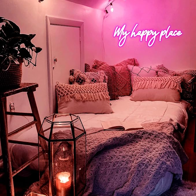 Kavaas My Happy Place Neon Signs 16.9" x 5.9", Pink LED Light Up Signs for Wall Decor | My Happy Place Sign for Girls Bedroom, Bar, Office, Dorms