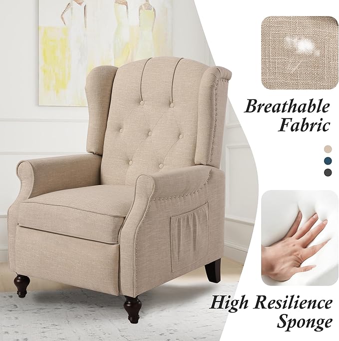 Wingback Chair with Massage and Heat, Tufted Fabric Pushback Recliner Chair, Wingback Recliner Chair with Remote Control, Padded Cushion, Wooden Legs, Small Recliners for Small Spaces