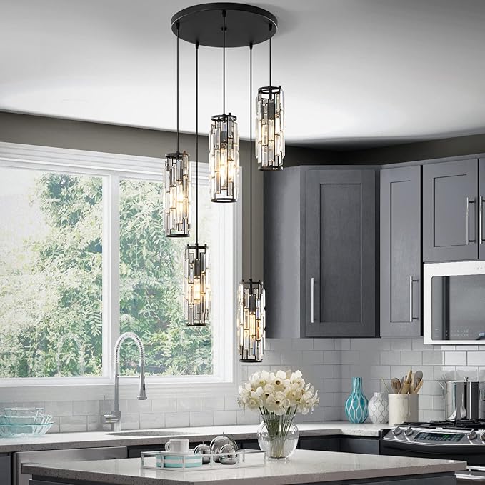 LMQNINE Pendant Light, Black Modern Pendant Light Fixtures, Mini Crystal Chandeliers, Adjustable 5-Light Pendant Lighting for Kitchen Island Dinning Room Bedroom (Black 5-Light)