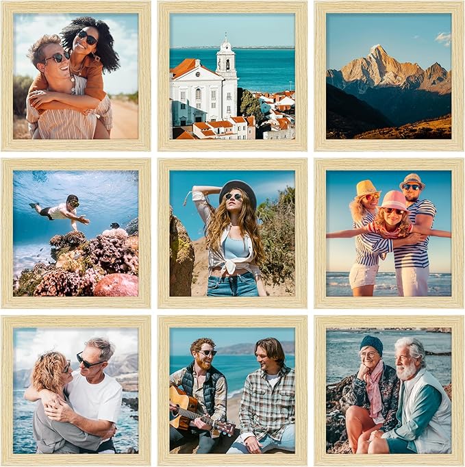 Vittanly 8x8 Picture Frames Set of 9, Shatter Resistant Plexiglass, Display 4x4 Pictures with Mat or 8x8 without Mat, Photo Frames for Wall Mount, Engineered Wood, OAK