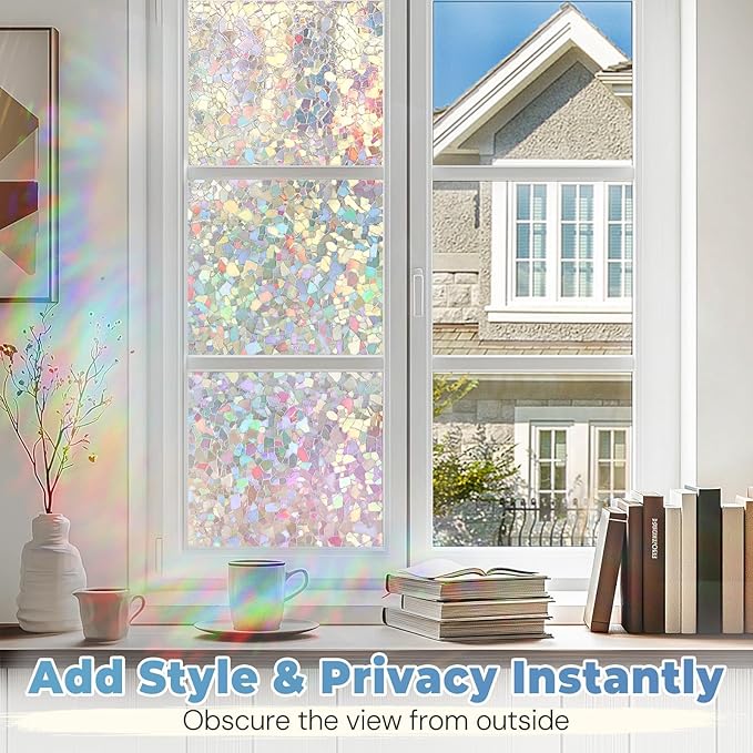 DOWELL Window Privacy Film Rainbow Film, Stained Glass Decorative Sticker, Static Cling Non-Adhesive Glass Clings, Sun Blocking Heat Control Window Coverings for Home Door, 23.6" x 118.1"