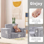 Toddler Chair Plush Kids Couch, 2-in-1 Comfy Armchair Removable and Washable Cover Carrying Handle, Convertible Reading Chair Toddler Couch for Girls and Boys, Glow in The Dark Grey Star