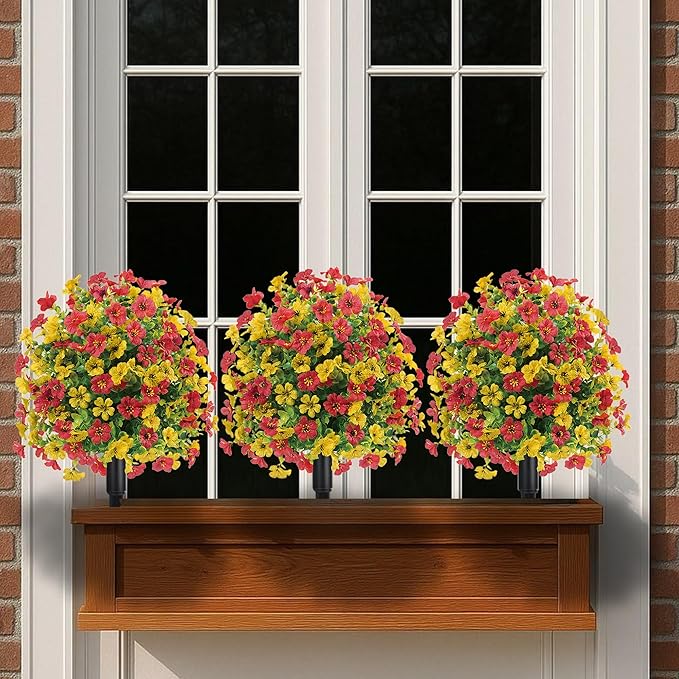 22.8" Set of 2 Fall Artificial Boxwood Topiary Ball with Spikes,UV Resistant Fake Outdoor shrubs with Violet Flowers, Realistic Faux Plants Bushes for Garden Front Porch Yard Patio Decor(Yellow+Red)