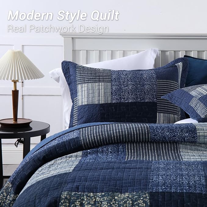 Yvooxny Quilts Queen Size Reversible Lightweight Bedspread 3-Piece Quilt Set Plaid Floral Patchwork 100% Cotton Queen Quilt Set Bedding Set with Pillow Shams for All Seasons, Azure Blue, 90x98''