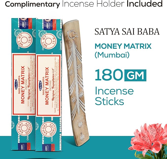 Satya Money Matrix Incense Sticks 180 gm (15GM X 12 Pack) from Satya Mumbai and Raajsee Incense Sticks Holder Bundle, Free from Chemicals,Natural Insenses