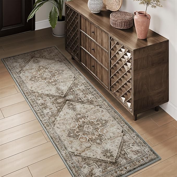 2x6 ft Bedroom Runner Rug for Hallways Non Slip Washable Kitchen Runner Long Runners for Entryway Laundry Room Bathroom Runners Neutral Vintage Beige
