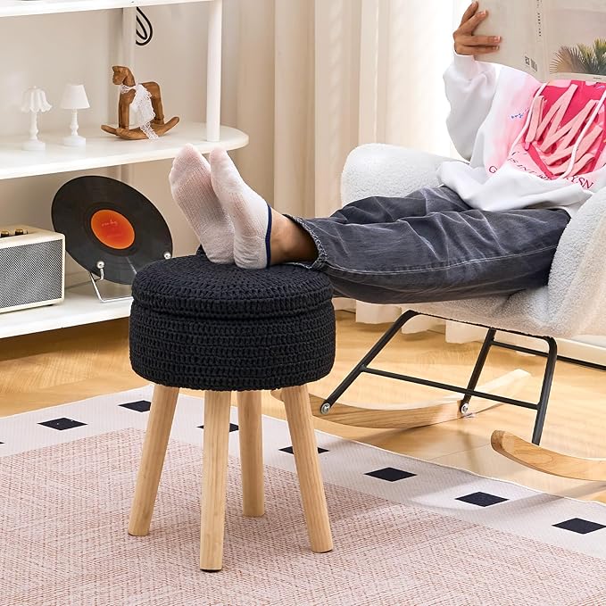 Wimarsbon Pouf Ottoman, 100% Cotton Knitted Boho Footstool, Round Footrest with Non-Skid Wood Legs, Home Décor Handmade Pouffe, Leisure Floor Step Stool for Living Room (High Storage Black)