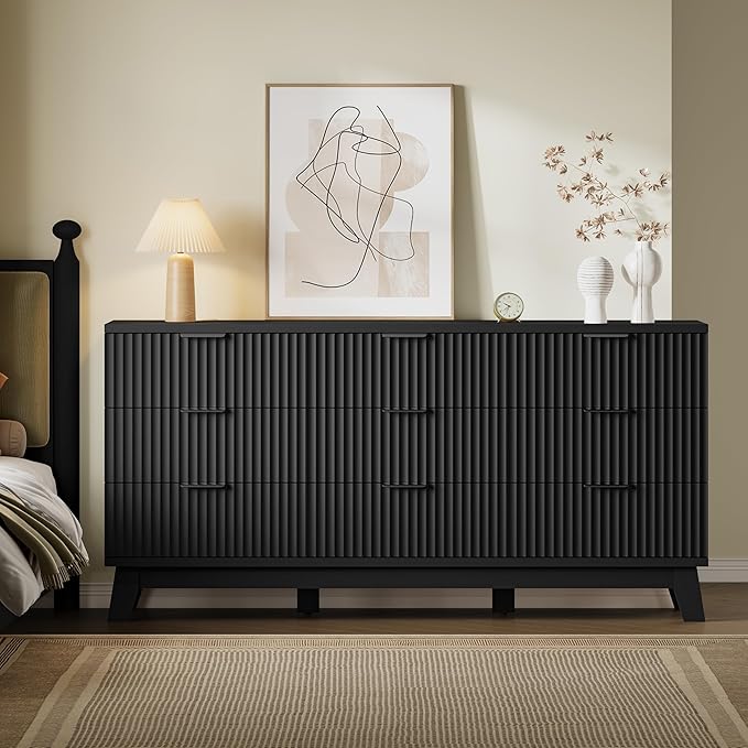 63" Long Dresser for Bedroom, 9-Drawer Fluted Dresser, Extra-Wide Wood Chest of Drawers with Smooth Metal Slides, Stable Base, Modern Clothes Storage Cabinet for Living Room, Hallway, Nursery