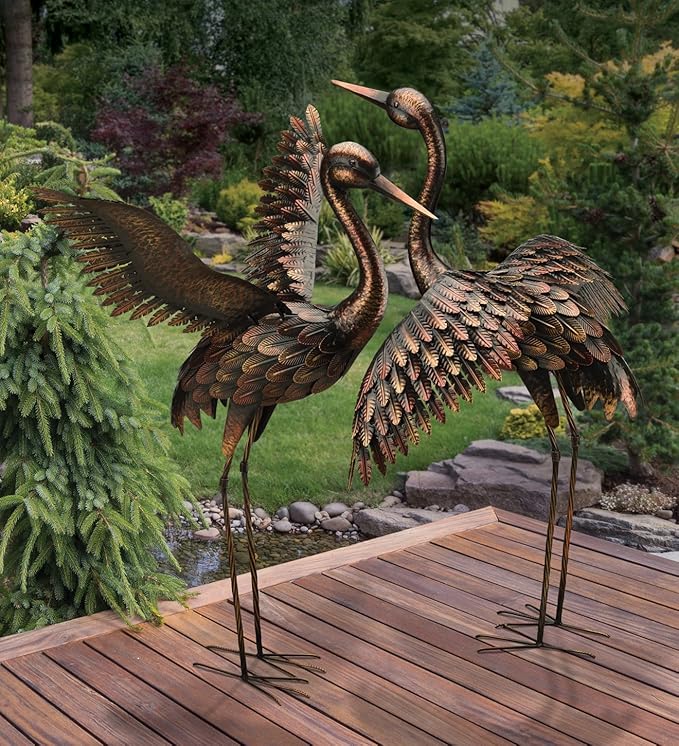 Regal Art & Gift Outdoor Garden Décor, Unique Bird Sculpture, Rustic Metal Bird Statues, Garden Ornaments, Bird Figurine for Lawn, Decorative Sculpture, Crane, Multi, Wings Up, 44" Height