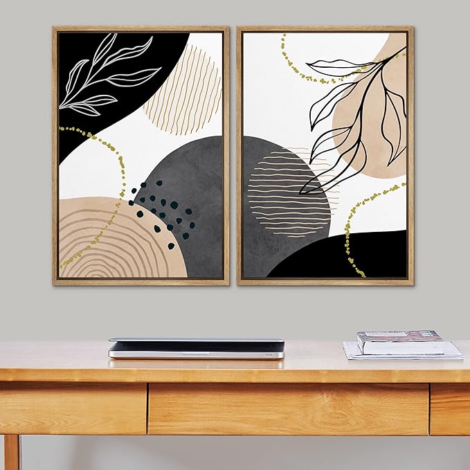 SIGNFORD Framed Canvas Print Wall Art Set Mid-Century Nordic Geometric Ring Plants Abstract Shapes Illustrations Modern Art Decorative Bohemian for Living Room, Bedroom, Office - 16"x24"x2 Natural